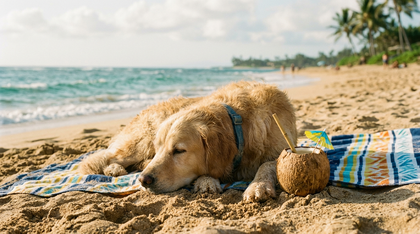 Golden retriever lying on a colorful beach towel next to a coconut drink on the sand